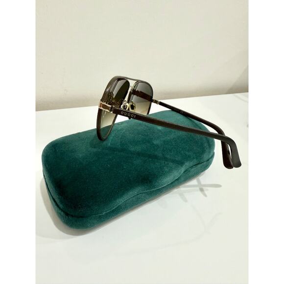 Gucci GG 2887/S Dark Chocolate Leather Framed Gold Lens Aviator Sunglasses - Picture 5 of 9